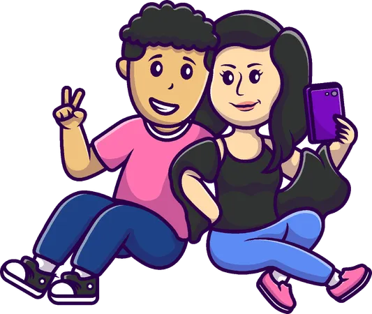 Selfie d'un couple fille et garçon avec smartphone  Illustration