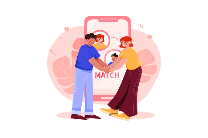 Couple finding a perfect match on online dating app Illustration