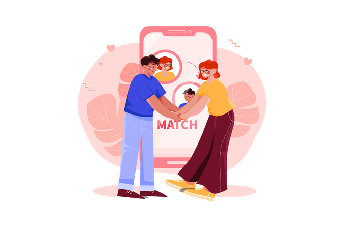 Couple finding a perfect match on online dating app  Illustration