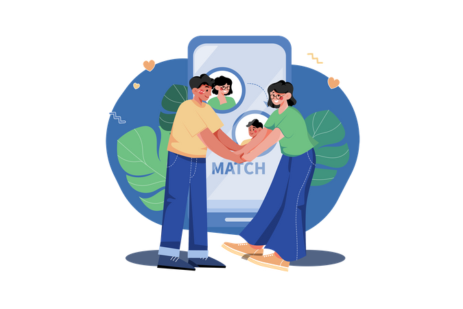 Couple finding a perfect match on online dating app  Illustration