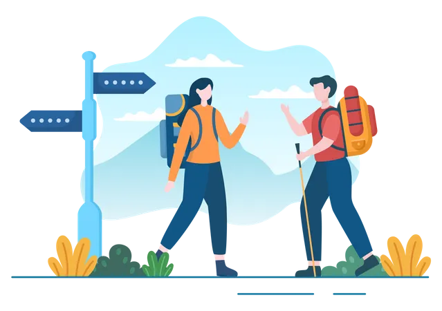 Adventure Tour On The Theme Of Climbing Trekking Hiking Walking Or Vacation With Forest And Mountain Views In Flat Nature Background Poster Illustration 일러스트레이션