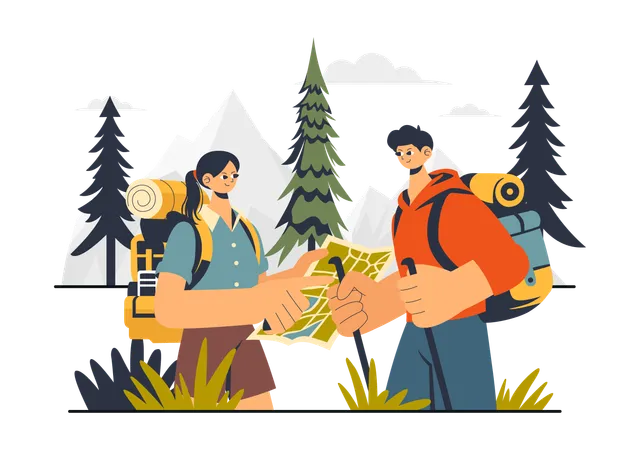 Couple finding Location On Camping  Illustration