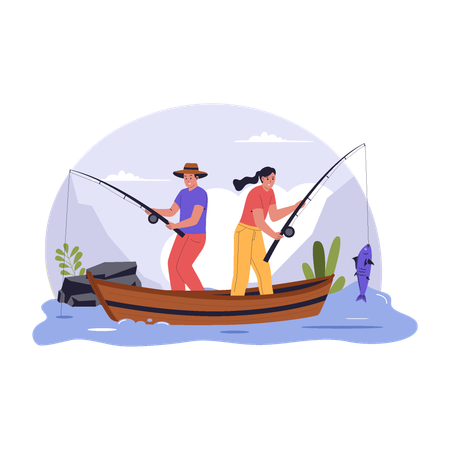 Couple Fishing on Boat in Nature River  Illustration
