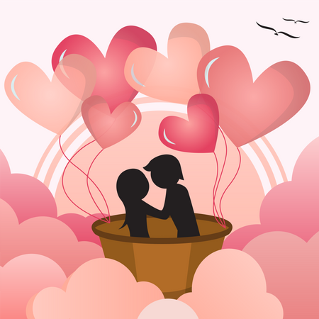 Couple flying in hot air balloon above clouds Illustration