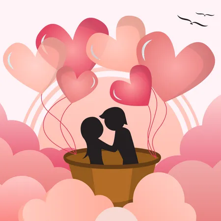 Couple flying in hot air balloon above clouds  Illustration