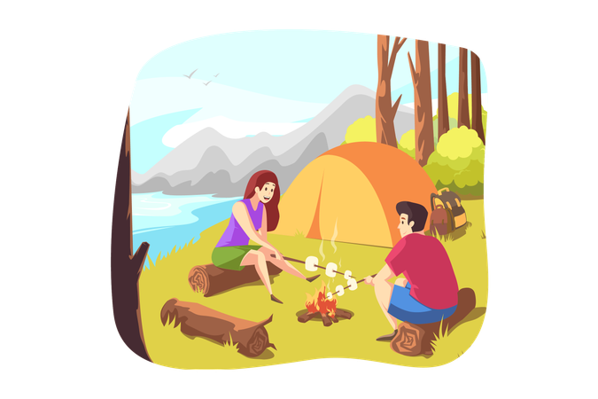 Couple frying marshmallow together  Illustration