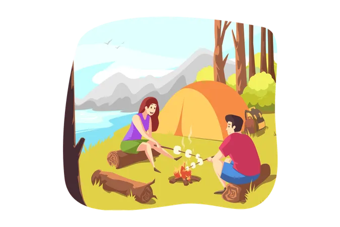Nature Travelling Hiking Camping Tourism Concept Couple In Love Boyfriend Girlfriend Backpackers Tourists Sit By Fire Frying Marshmellow Together Vacation Trip Active Lifestyle And Recreation Illustration