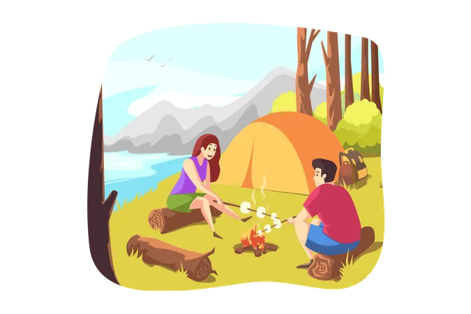 Couple frying marshmallow together  Illustration