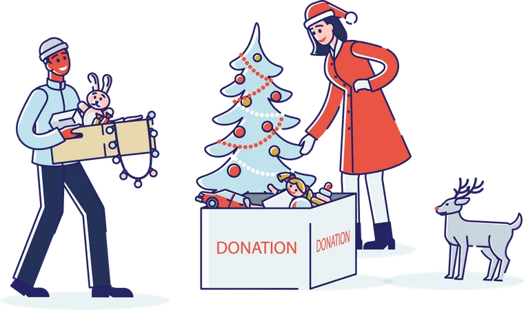 Couple gathering toys for Christmas donation  Illustration