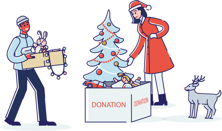 Couple gathering toys for Christmas donation  イラスト