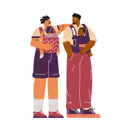 Couple gay avec enfants dans des porte-bébés  Illustration