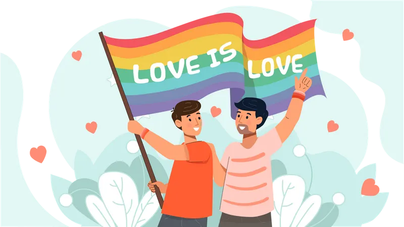 Couple gay tenant un drapeau LGBT  Illustration