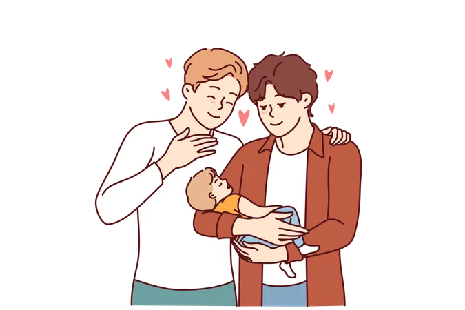 Un couple gay tient un enfant dans les mains et sourit  Illustration