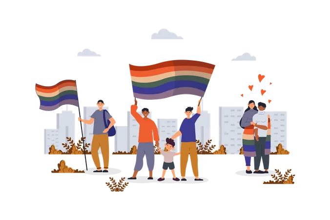 Couples gays et lesbiennes tenant le drapeau arc-en-ciel et célébrant le festival de la fierté  Illustration