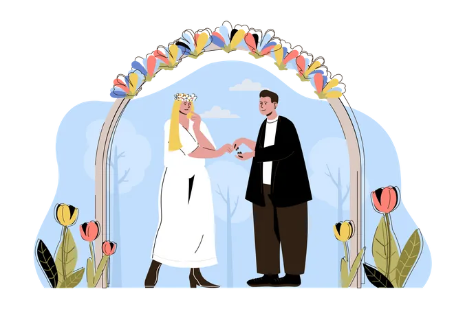 Couple getting married at a beautiful ceremony  Illustration