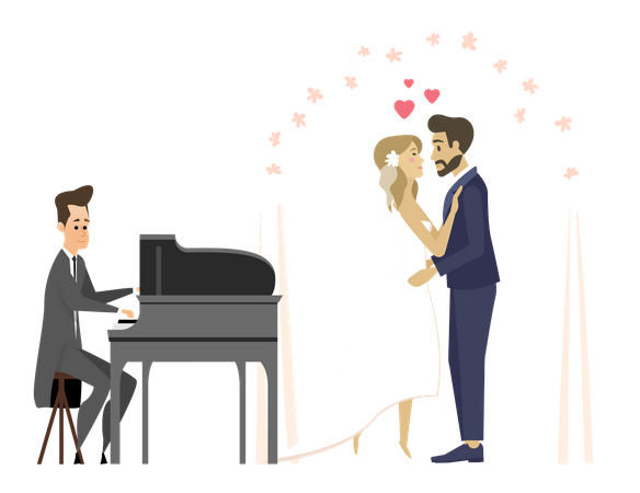 Couple getting married while pianist playing at side  Illustration