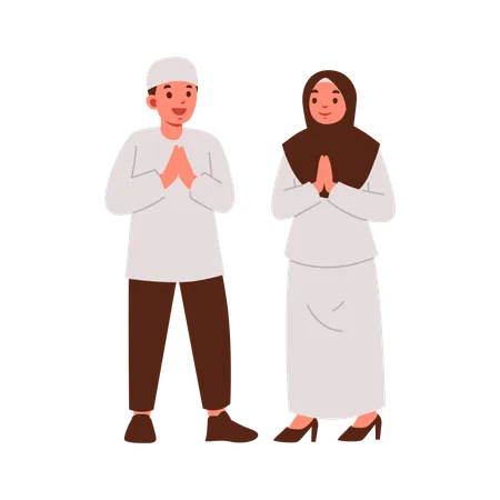 Illustration Of Man And Woman In Traditional Clothing Exchanging A Respectful Greeting Illustration