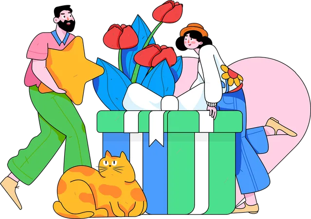 Couple giving gift each other on valentine  Illustration