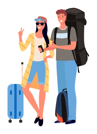Couple giving pose at airport  Illustration