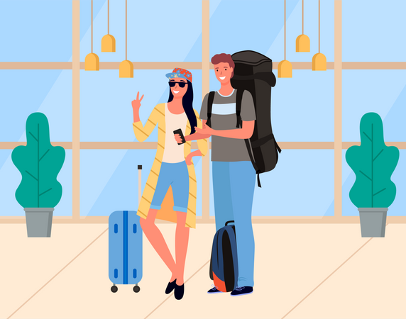 Couple giving pose at airport  Illustration