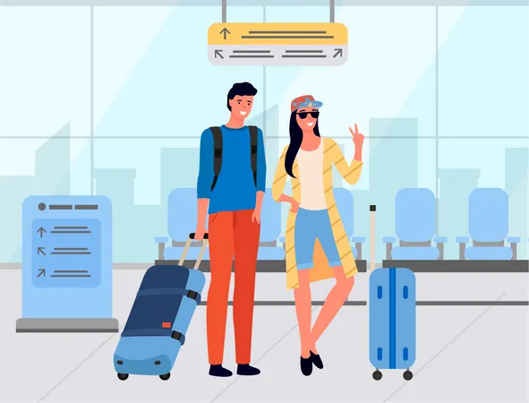 Couple giving pose at airport  Illustration