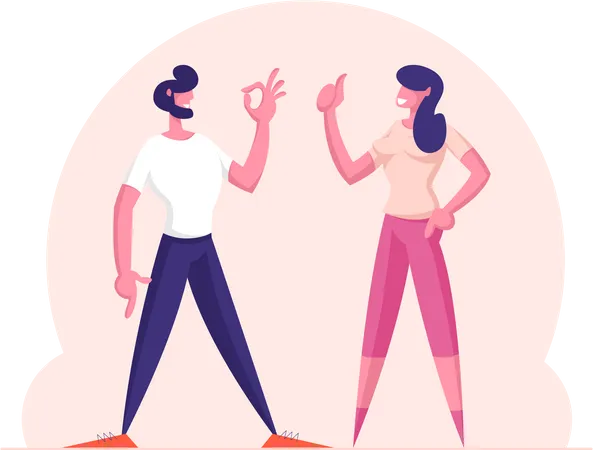 Satisfied Man And Woman Gesturing Ok Sign And Thumb Up Positive Emotions Approval Symbol Communication And Agreement Concept Businesspeople Successful Good Deal Cartoon Flat Vector Illustration Illustration