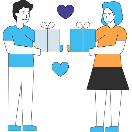 Couple giving present to each other  Illustration