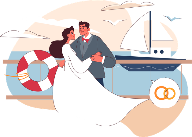 Couple giving romantic pose at ship  Illustration