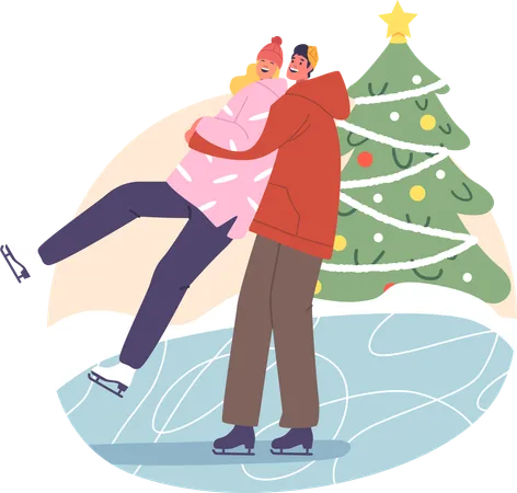 Couple Glides Gracefully And Embrace On Winter Ice Rink Their Laughter Mingles With The Crisp Air As They Create A Magical Moment Twirling Near The Decorated Tree Cartoon People Vector Illustration Illustration