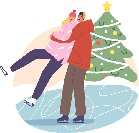 Couple Glides Gracefully and Embrace On Winter Ice Rink  Illustration