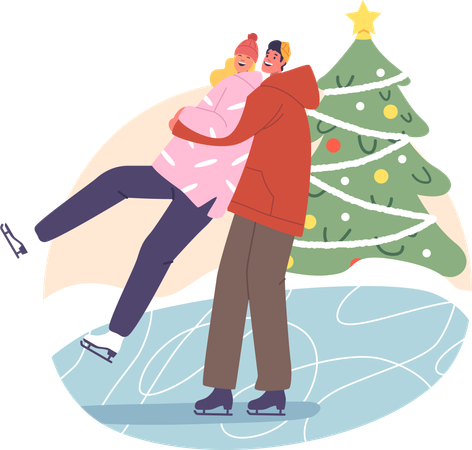Un couple glisse gracieusement et s'embrasse sur la patinoire d'hiver  Illustration