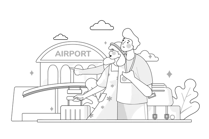 Man And Woman Or A Young Couple With Luggage Go In The Airport Building Illustration
