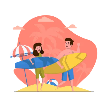 Couple going for surfing Illustration