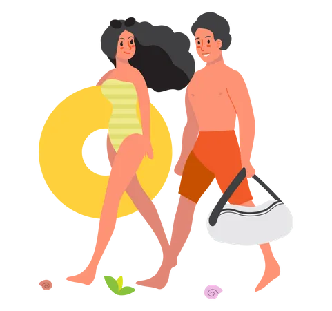 Summer Vacation Activities Concept Couple Going On The Beach Man And Woman On Summer Holiday And Vacation Smiling Girl In Bikini Isolated Vector Illustration In Cartoon Style イラスト