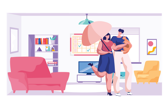 Couple going outside with dog  Illustration
