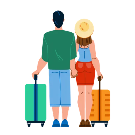 Couple Airport Vector Travel Man Woman Vacation Suitcase Flight Journey Happy Tourist Airplane Luggage Couple Airport Character People Flat Cartoon Illustration Illustration