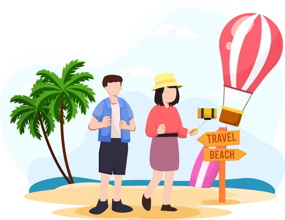 Couple going trip on beach  Illustration