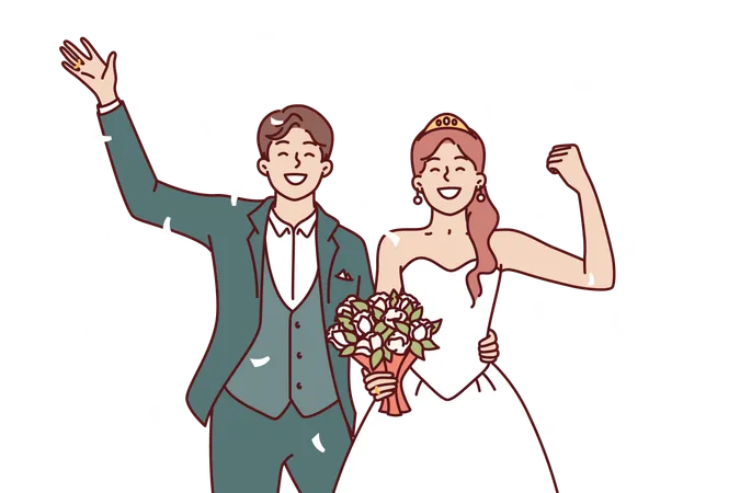 Wedding Bride And Groom With Bouquet Waving Hand During Festive Marriage Ceremony Happy Man And Woman Are Proud Of Creation Of New Family And Greet Relatives Or Friends Attended Wedding Celebration Illustration