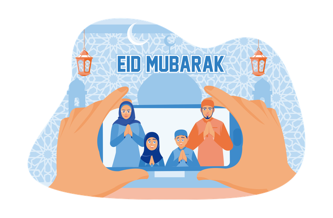 Couple greeting Happy Eid on phone  Ilustración