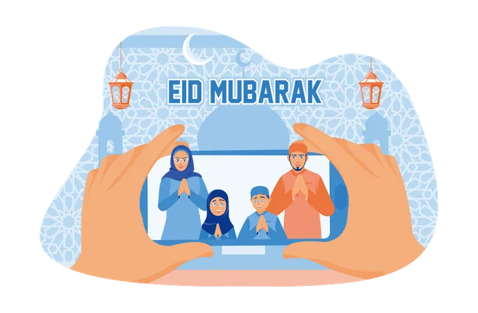Couple greeting Happy Eid on phone  Ilustración