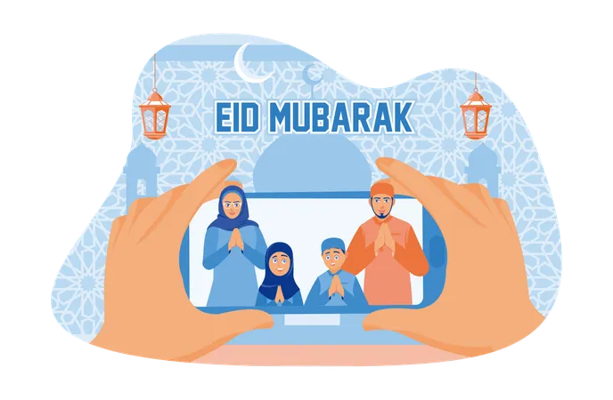 Couple greeting Happy Eid on phone  Illustration