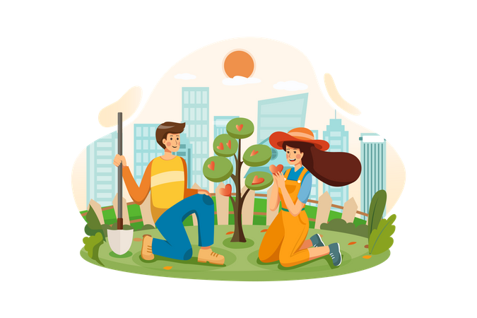 Couple growing the tree of love together in the garden  Illustration