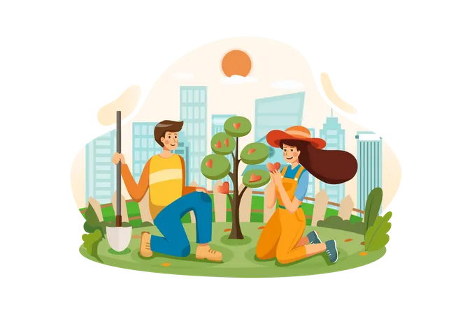 Couple growing the tree of love together in the garden  Illustration