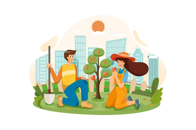 Couple growing the tree of love together in the garden Illustration
