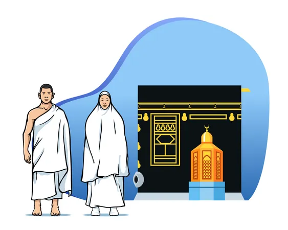 Couple Hajj Pilgrims In Front Of Maqam Ibrahim And Kaaba  Illustration