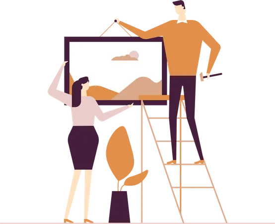 Couple hanging a picture Illustration