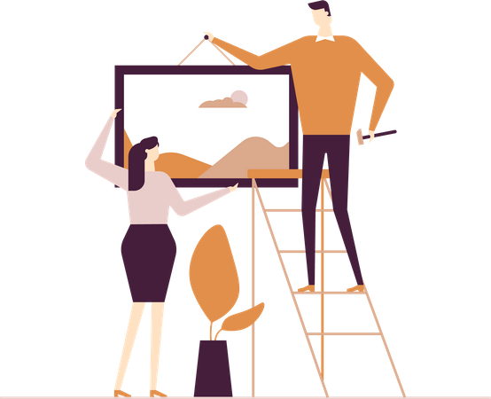 Couple hanging a picture  Illustration