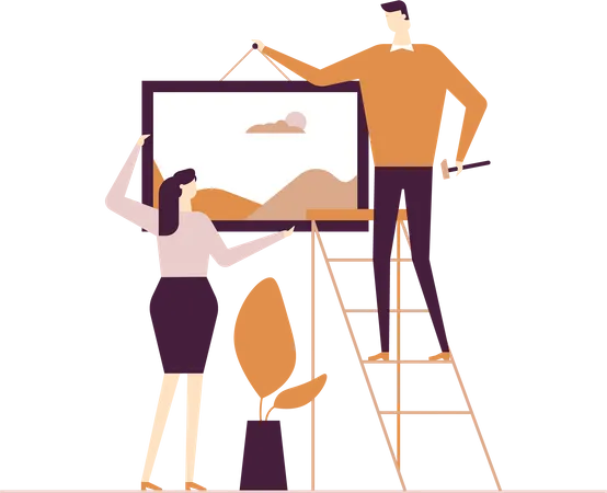 Couple hanging a picture  Illustration