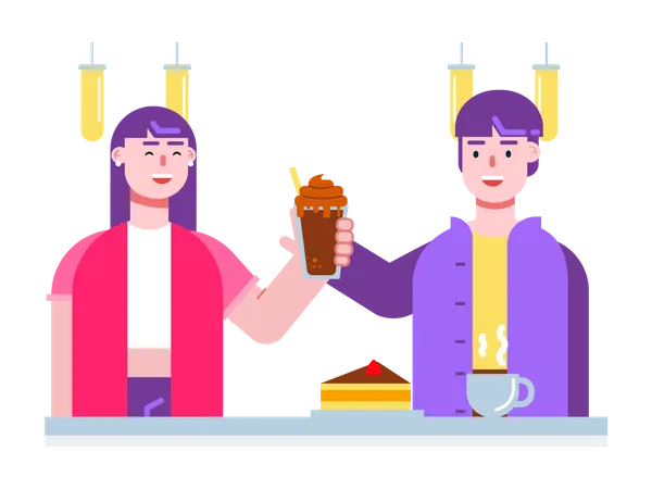 Couple having a date in cafe and having dessert  Illustration