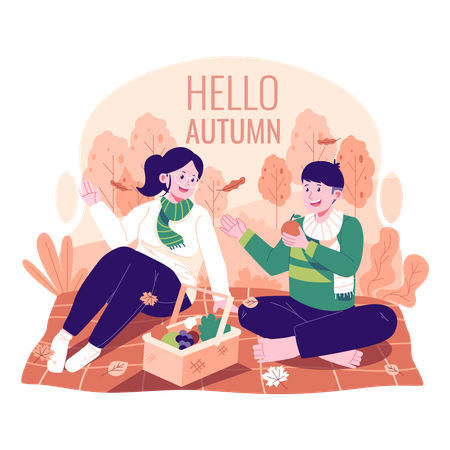 Couple having a picnic in autumn  Illustration